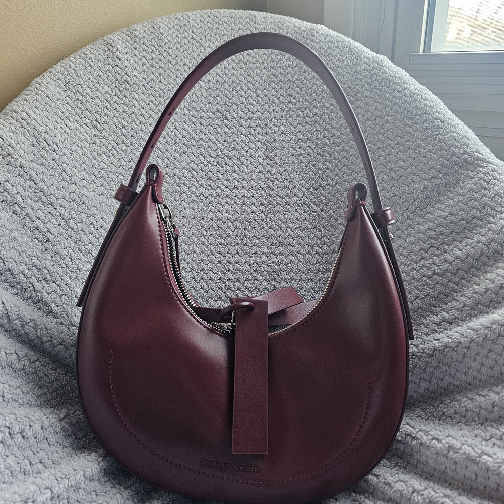 NWOT Charles and Keith Carey Crescent Hobo Bag - Burgundy (with original pouch)